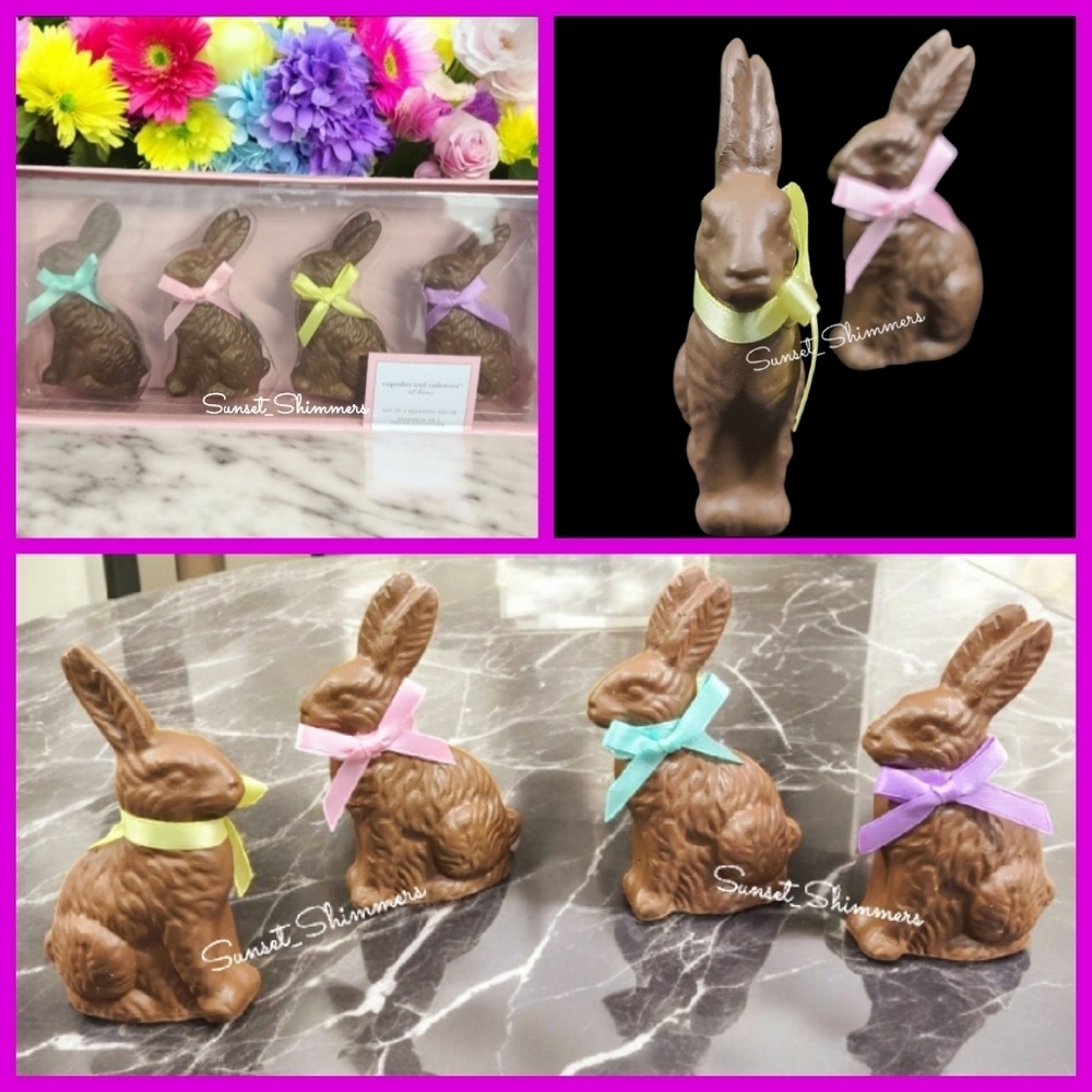 4 Faux Chocolate Easter Bunny Rabbit Coquette Bow Figure Statue Props Decor NEW